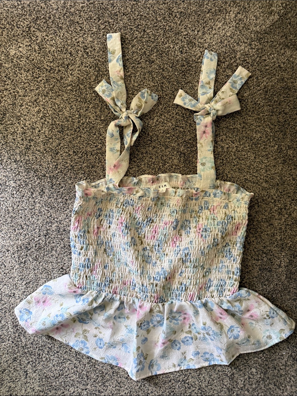 Smocked Floral Tie-Strap Camisole in Pastel Blue & Pink